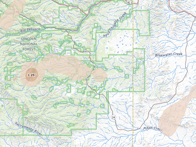 Radar-estimated hail-size map of the storm over Weed, NM on Jun 12, 2026