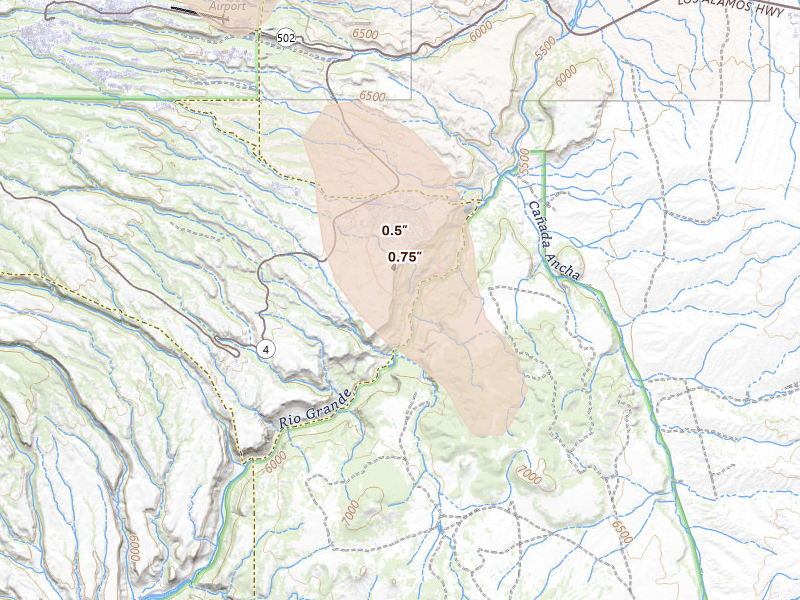 Radar-estimated hail-size map of the storm over White Rock, NM on Aug 1, 2026