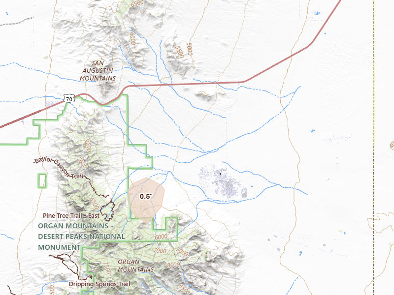 Radar-estimated hail-size map of the storm over White Sands Missile Range, NM on Jul 17, 2026
