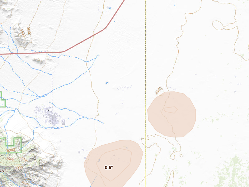 Radar-estimated hail-size map of the storm over White Sands Missile Range, NM on Aug 7, 2026