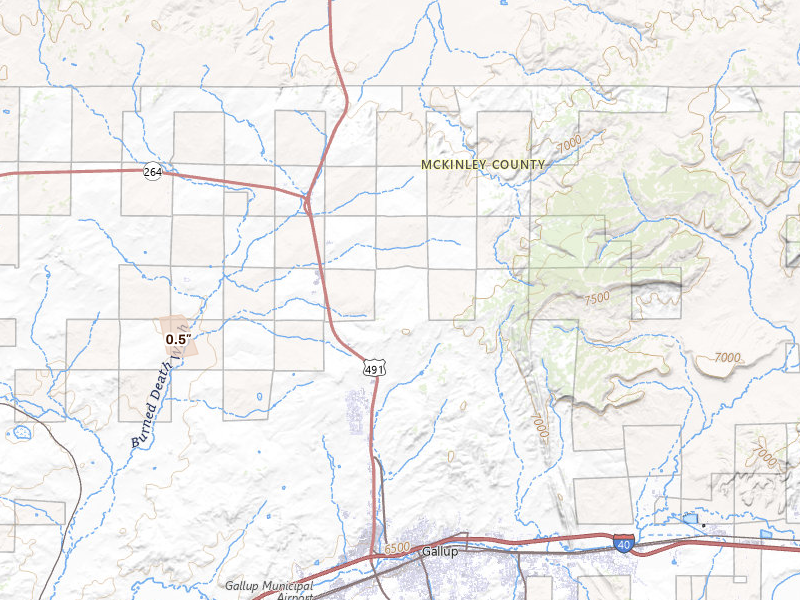 Radar-estimated hail-size map of the storm over Yatahey, NM on Jul 22, 2026