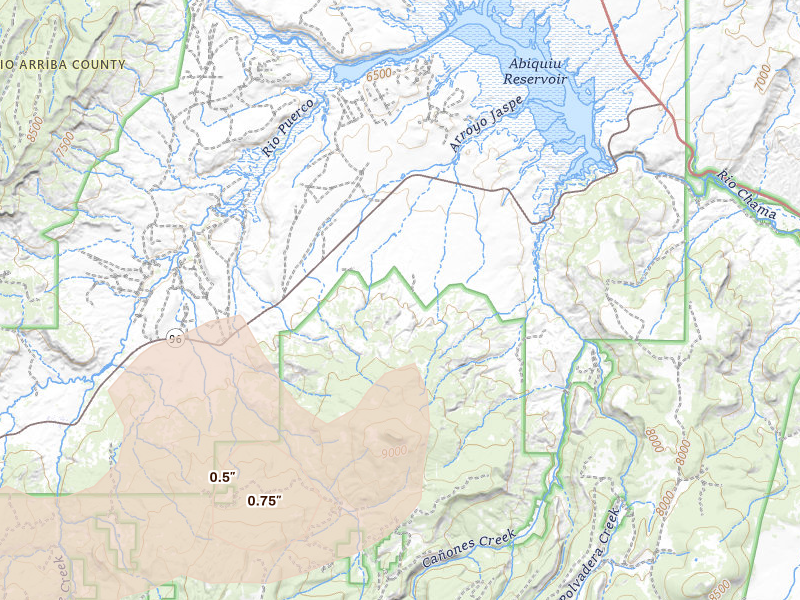 Radar-estimated hail-size map of the storm over Youngsville, NM on Jun 26, 2026