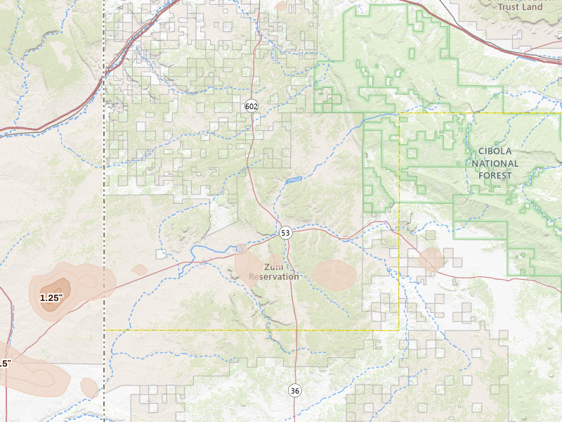Radar-estimated hail-size map of the storm over Zuni, NM on Jul 21, 2026