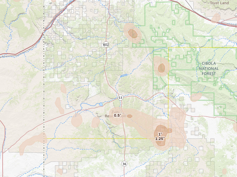 Radar-estimated hail-size map of the storm over Zuni, NM on Jul 28, 2026