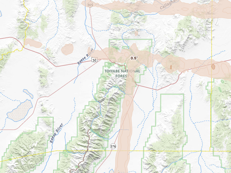 Radar-estimated hail-size map of the storm over Austin, NV on Feb 5, 2026