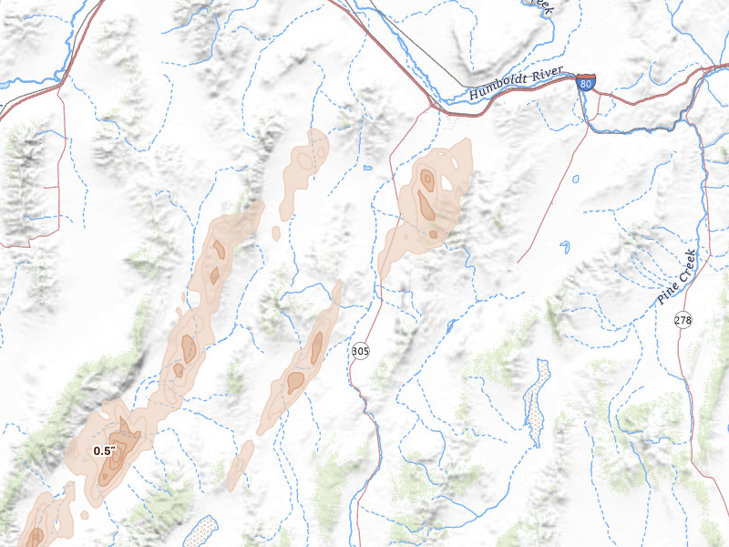 Radar-estimated hail-size map of the storm over Battle Mountain, NV on Apr 10, 2026