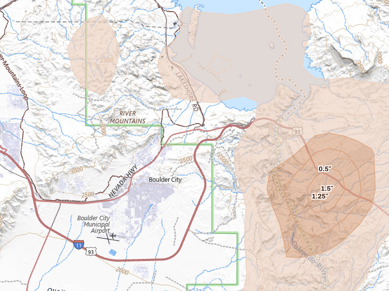 Radar-estimated hail-size map of the storm over Boulder City, NV on Aug 14, 2026
