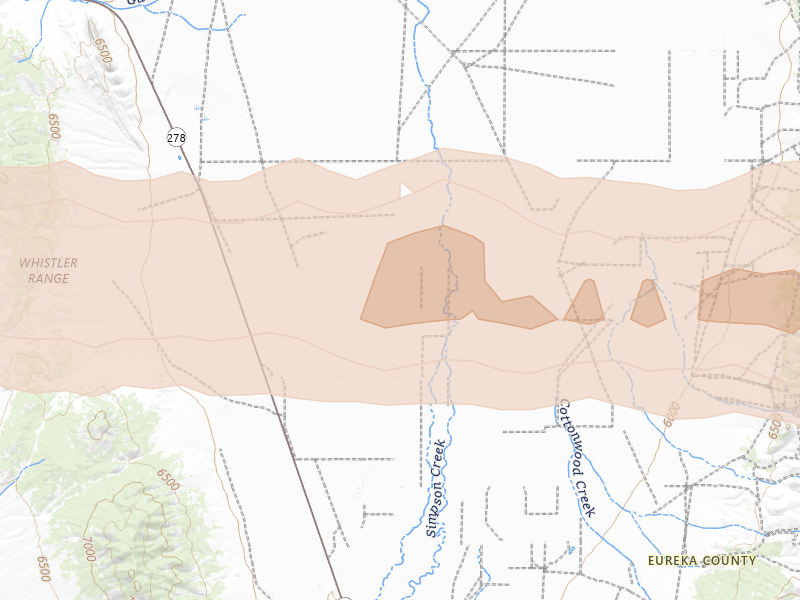 Radar-estimated hail-size map of the storm over Eureka, NV on Feb 3, 2026