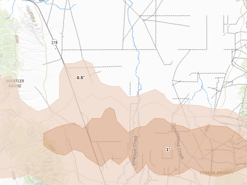 Radar-estimated hail-size map of the storm over Eureka, NV on Feb 5, 2026