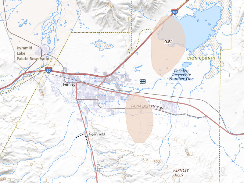 Radar-estimated hail-size map of the storm over Fernley, NV on Jul 22, 2026