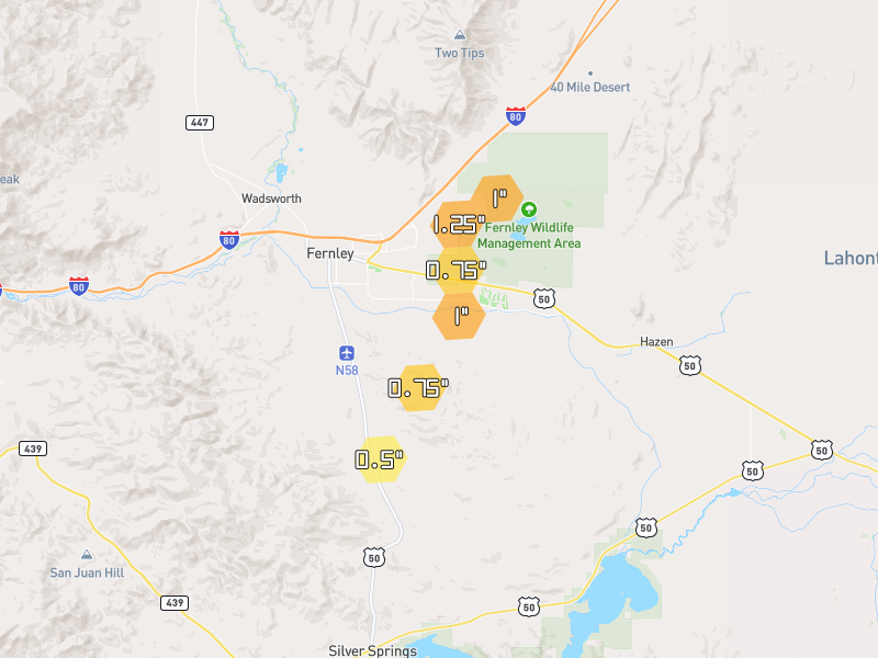 Hail map of Fernley, NV on Jul 23, 2026, hail up to 1.25"