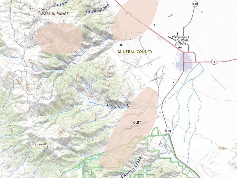 Radar-estimated hail-size map of the storm over Hawthorne, NV on Aug 13, 2026