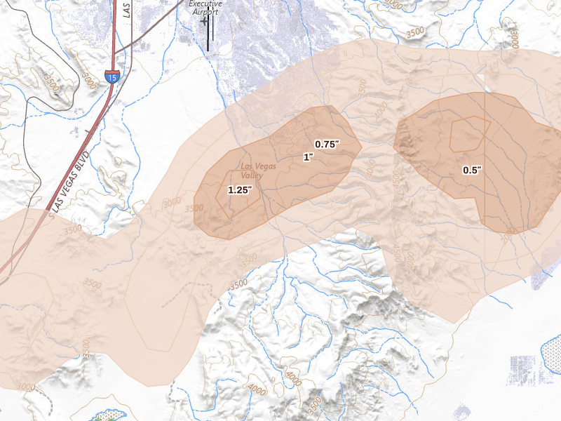 Radar-estimated hail-size map of the storm over Henderson, NV on Aug 13, 2026