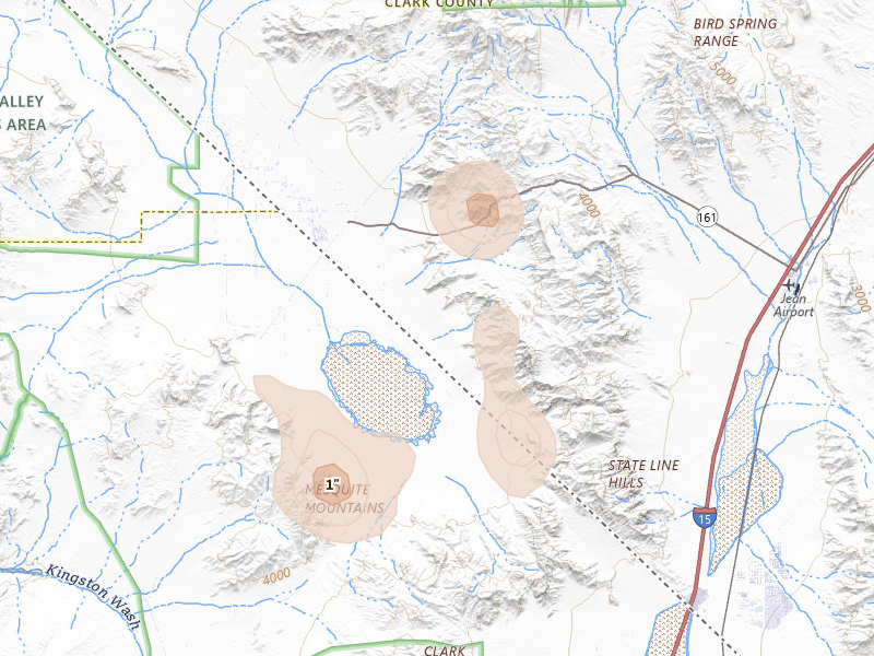 Radar-estimated hail-size map of the storm over Jean, NV on Aug 6, 2026