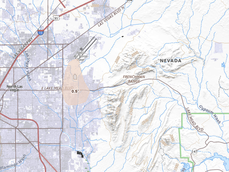 Radar-estimated hail-size map of the storm over Las Vegas, NV on Aug 12, 2026