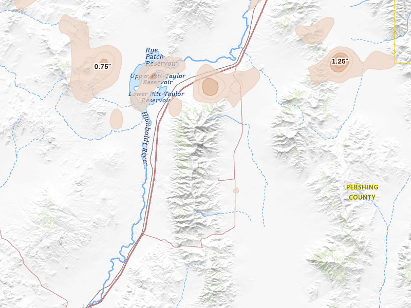 Radar-estimated hail-size map of the storm over Lovelock, NV on Aug 13, 2026