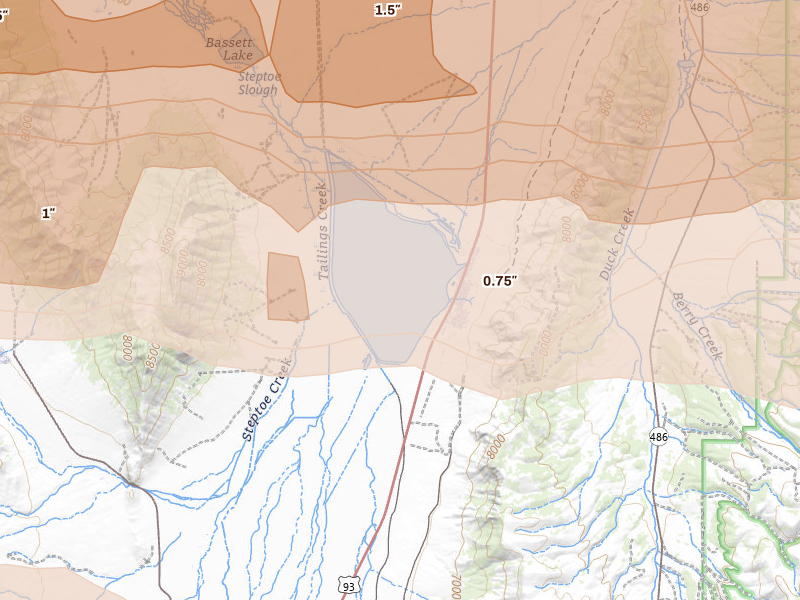 Radar-estimated hail-size map of the storm over Mc Gill, NV