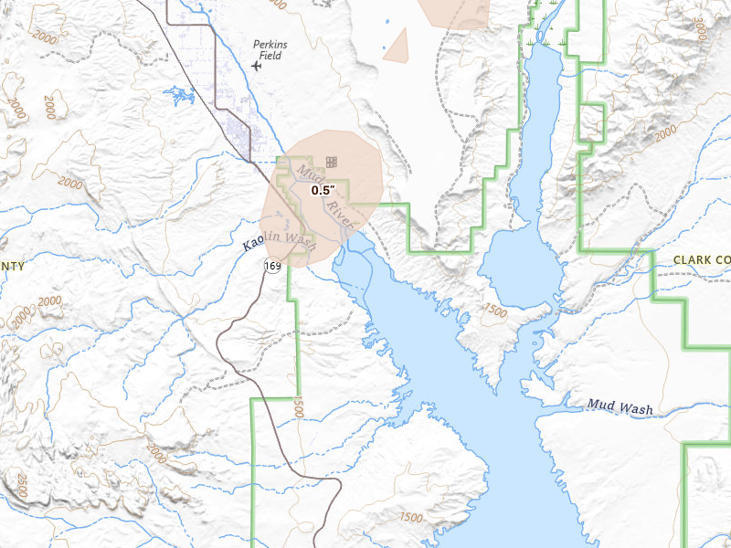 Radar-estimated hail-size map of the storm over Overton, NV on Aug 12, 2026