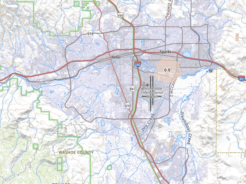 Radar-estimated hail-size map of the storm over Reno, NV on Aug 12, 2026