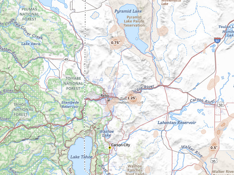 Radar-estimated hail-size map of the storm over Reno, NV on Aug 13, 2026