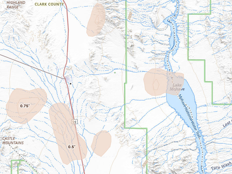 Radar-estimated hail-size map of the storm over Searchlight, NV on Aug 12, 2026
