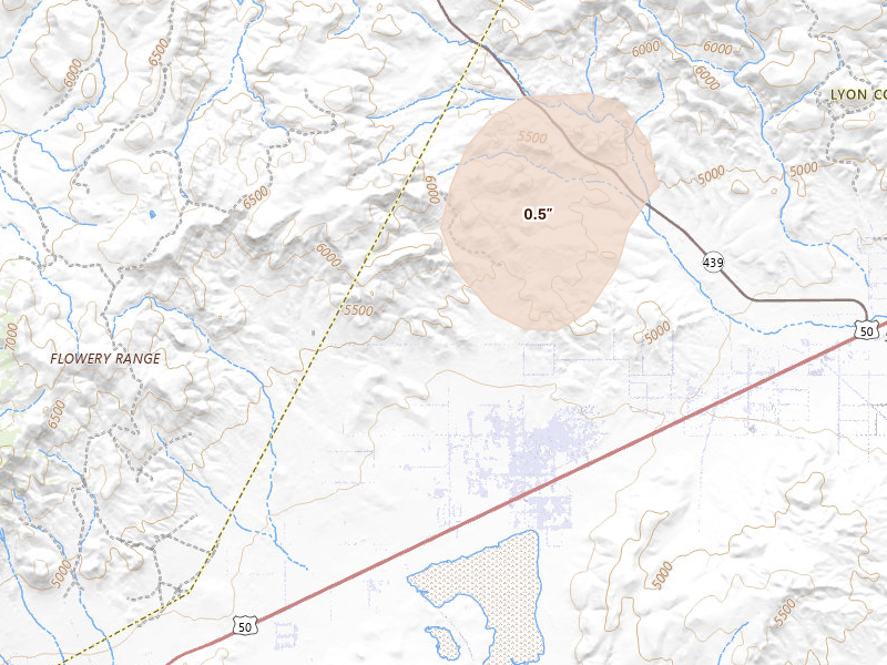 Radar-estimated hail-size map of the storm over Silver Springs, NV on Jun 19, 2026