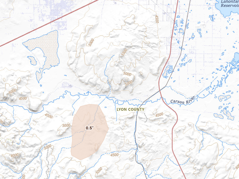 Radar-estimated hail-size map of the storm over Silver Springs, NV on Aug 13, 2026