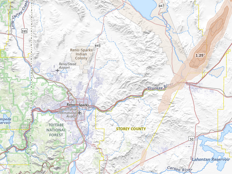 Radar-estimated hail-size map of the storm over Sparks, NV on Apr 10, 2026