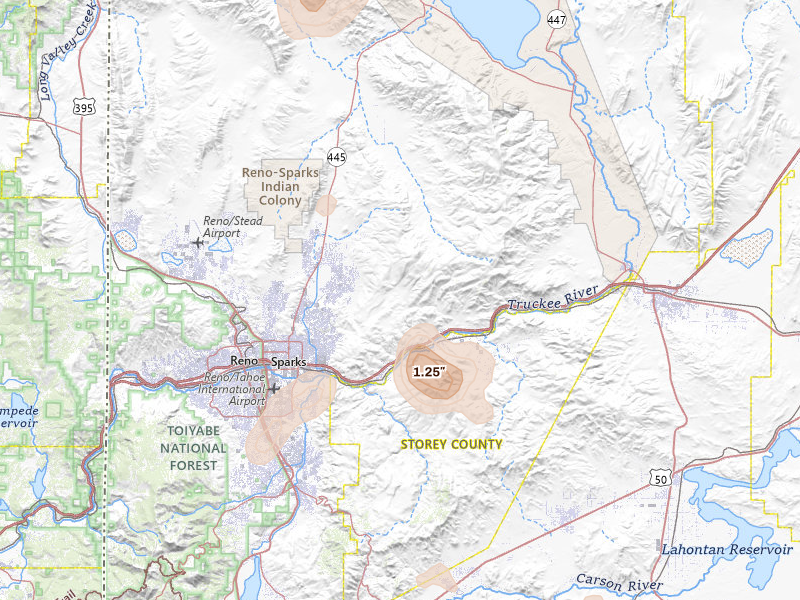 Radar-estimated hail-size map of the storm over Sparks, NV on Aug 13, 2026
