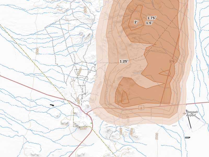 Radar-estimated hail-size map of the storm over Tonopah, NV on Feb 5, 2026
