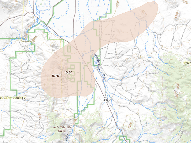 Radar-estimated hail-size map of the storm over Wellington, NV on Aug 13, 2026