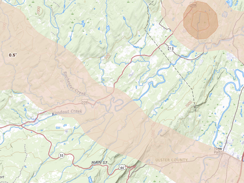 Radar-estimated hail-size map of the storm over Accord, NY on Jul 4, 2026