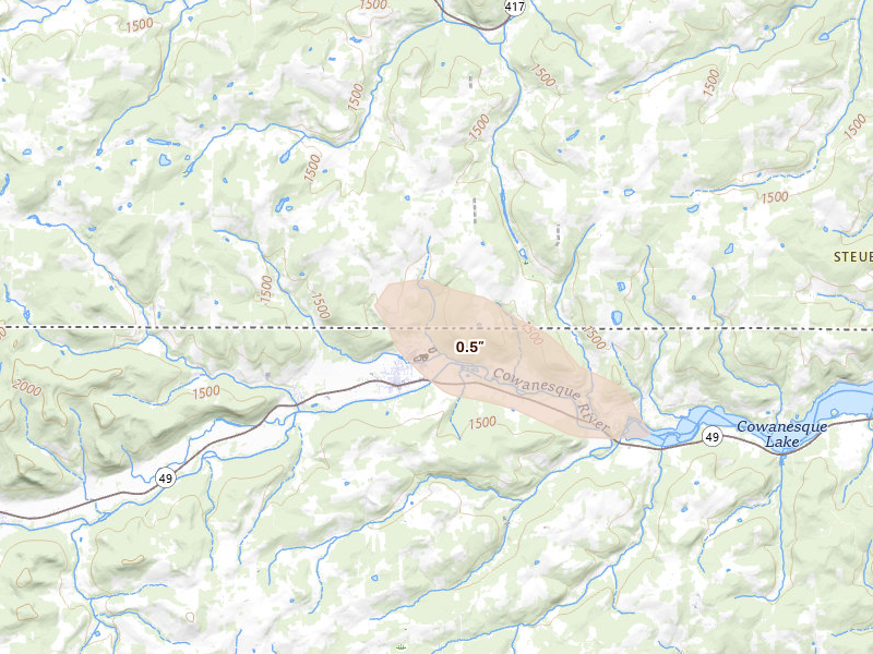 Radar-estimated hail-size map of the storm over Addison, NY on Sep 1, 2026