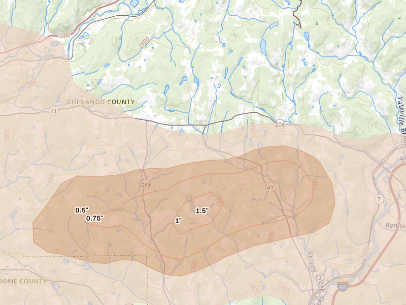 Radar-estimated hail-size map of the storm over Afton, NY on Mar 31, 2026