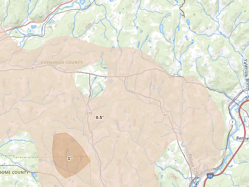 Radar-estimated hail-size map of the storm over Afton, NY on Jul 18, 2026