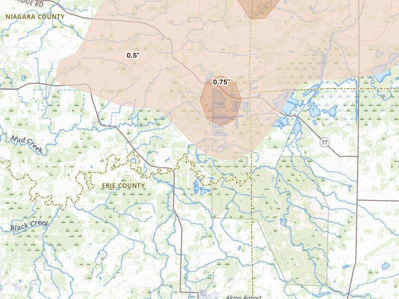 Radar-estimated hail-size map of the storm over Akron, NY on Sep 1, 2026