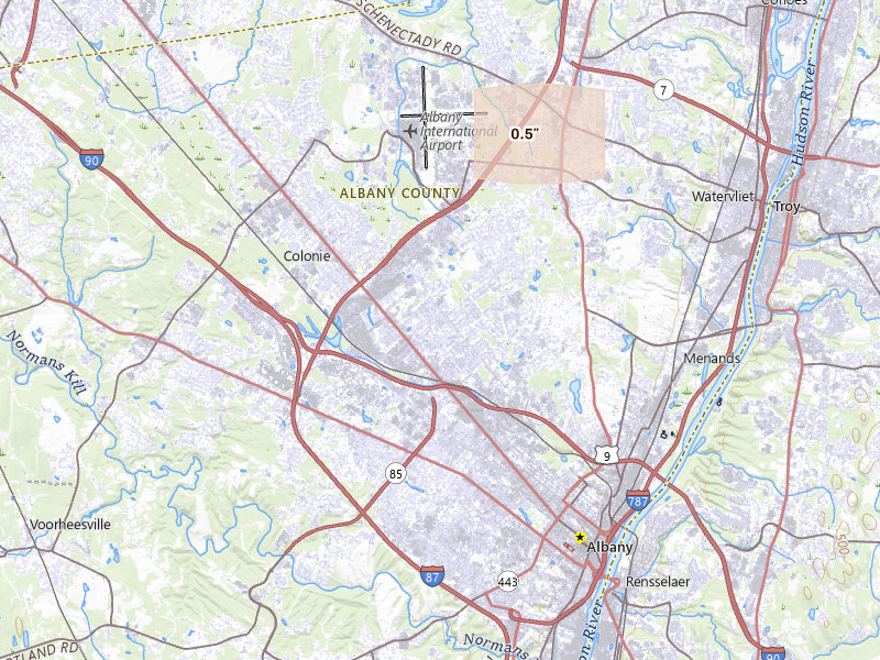 Radar-estimated hail-size map of the storm over Albany, NY on May 8, 2026