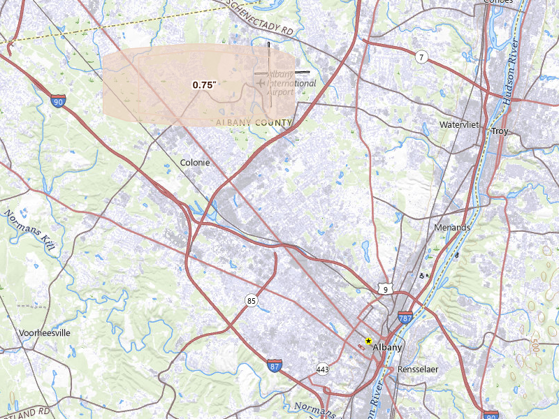 Radar-estimated hail-size map of the storm over Albany, NY on May 10, 2026