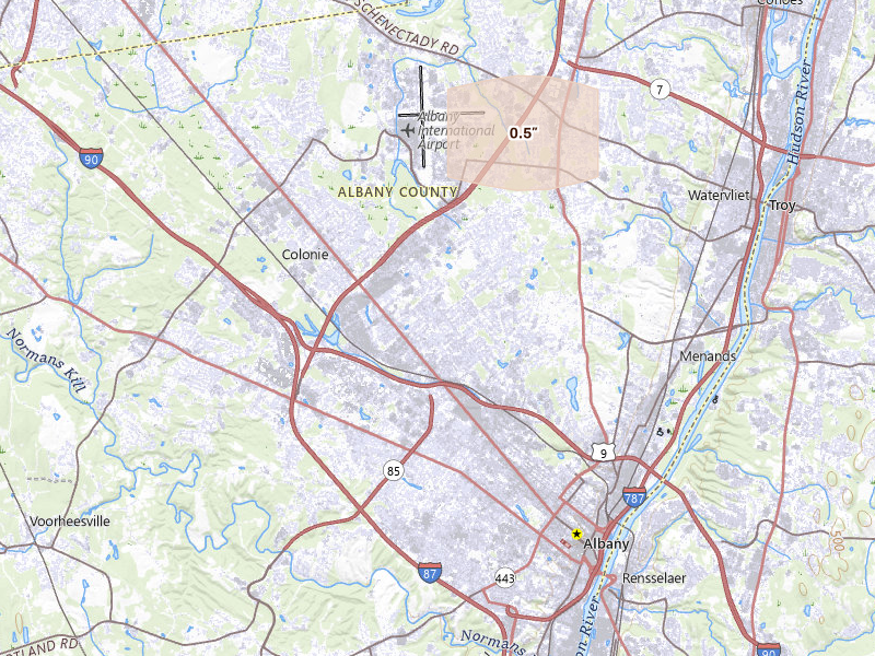 Radar-estimated hail-size map of the storm over Albany, NY on May 28, 2026