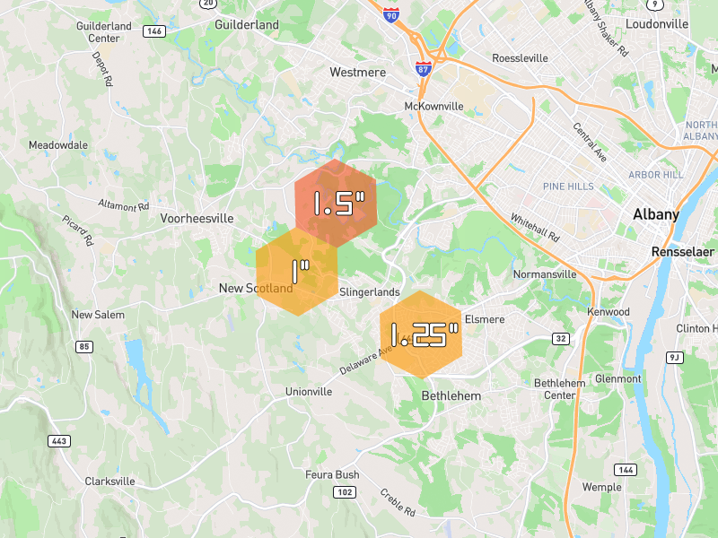 Hail map of Albany, NY on Jul 2, 2026, hail up to 1.5"