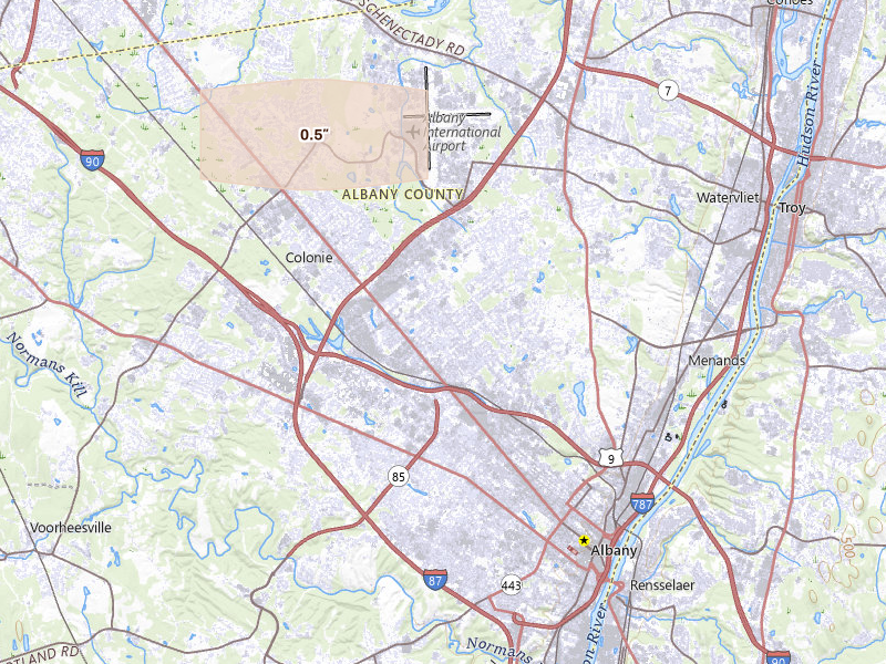 Radar-estimated hail-size map of the storm over Albany, NY on Jul 11, 2026