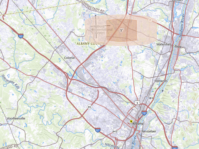 Radar-estimated hail-size map of the storm over Albany, NY on Jul 15, 2026