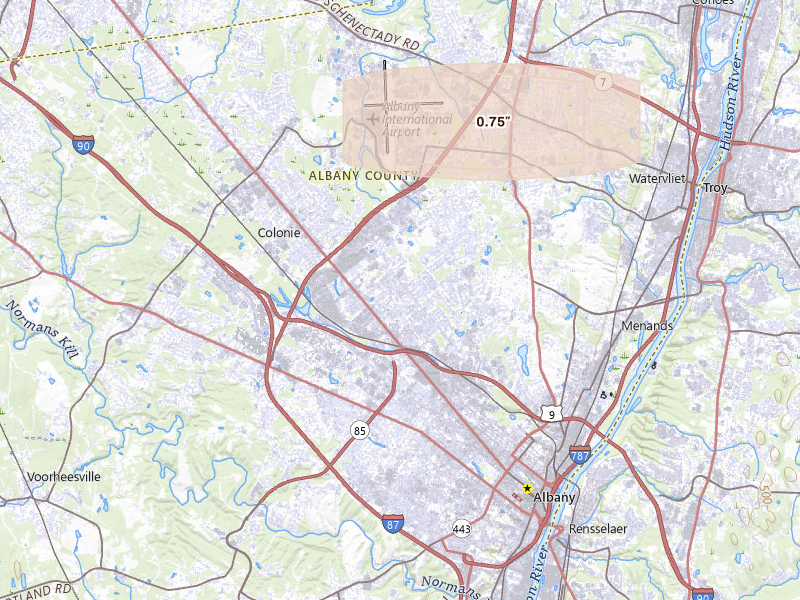 Radar-estimated hail-size map of the storm over Albany, NY on Jul 23, 2026