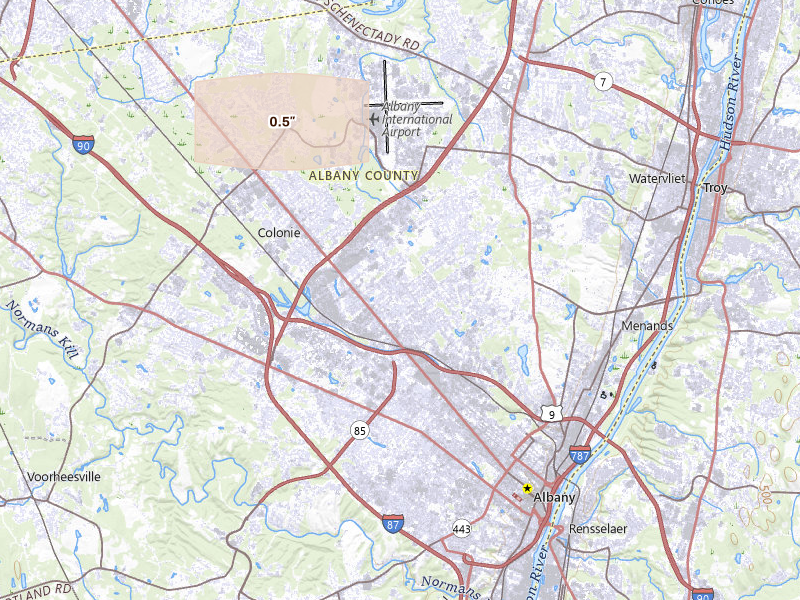 Radar-estimated hail-size map of the storm over Albany, NY on Jul 24, 2026