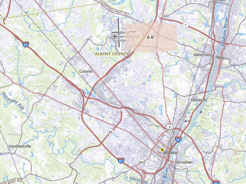 Radar-estimated hail-size map of the storm over Albany, NY on Jul 25, 2026