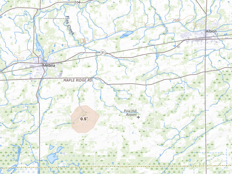 Radar-estimated hail-size map of the storm over Albion, NY on Jun 11, 2026
