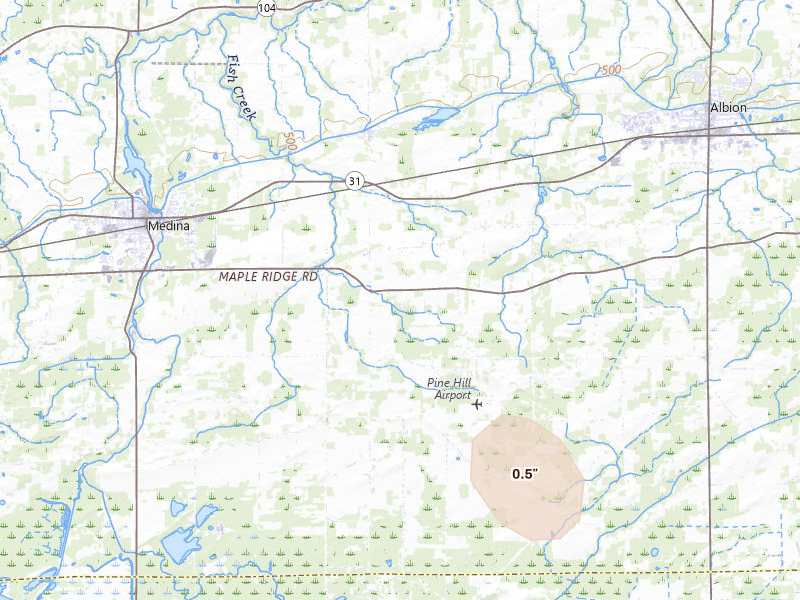 Radar-estimated hail-size map of the storm over Albion, NY on Aug 12, 2026