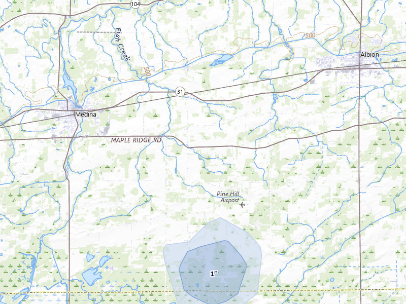 NEXRAD radar-signature map of the hail storm over Albion, NY on Aug 12, 2026