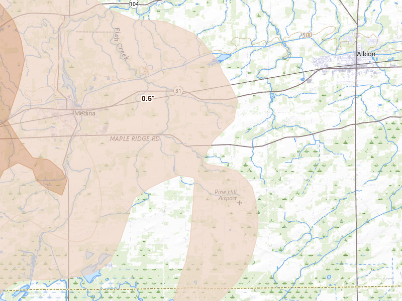 Radar-estimated hail-size map of the storm over Albion, NY on Sep 1, 2026