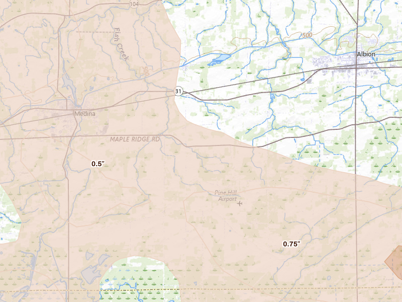Radar-estimated hail-size map of the storm over Albion, NY on Sep 2, 2026